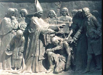 Mgr de Laval baptisant un amérindien. Mgr de Laval baptisant un amérindien.