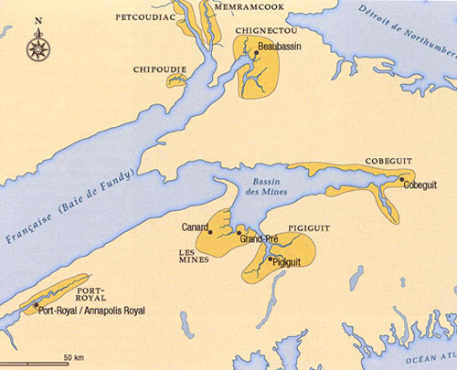 Les principales zones d’établissement des colons acadiens.